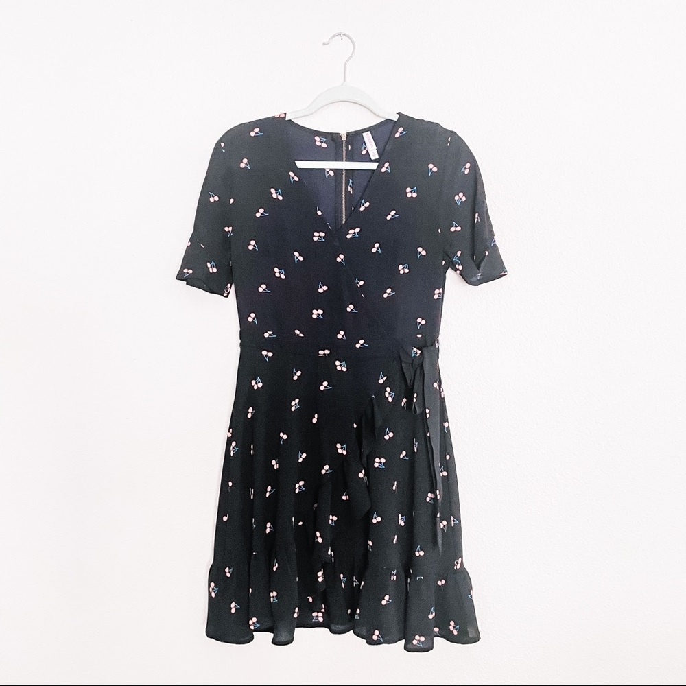 Faux Wrap Ruffled Cherry Print Dress small